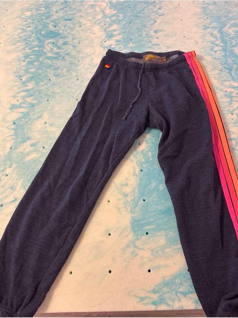 Aviator Nation Navy Sweatpants with Pink and Orange Stripes worn once may twice